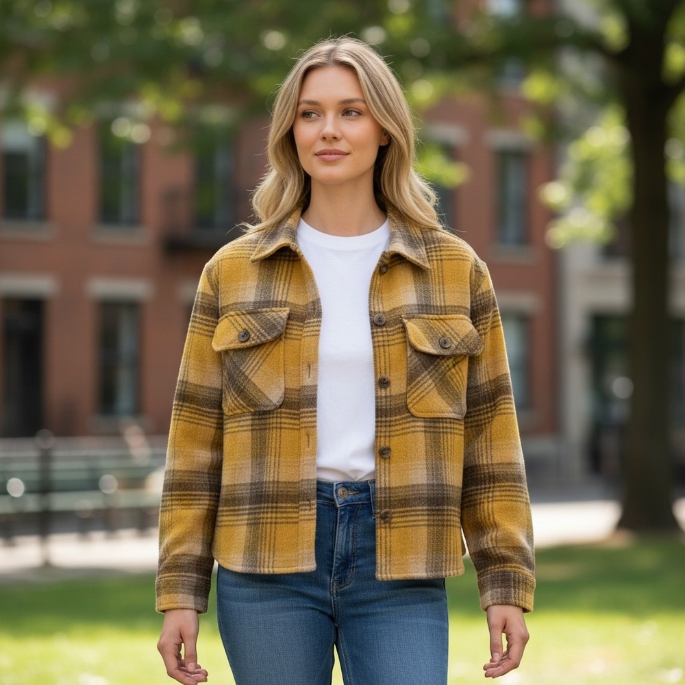 Democracy Plaid Button Front Shacket Yellow Brown Shirt Jacket Womens XS